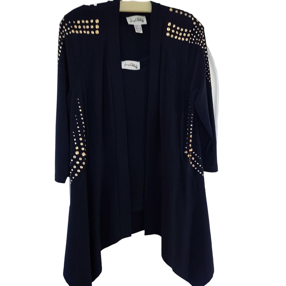 Woman's NWOT size 16 Joseph Ribkoff Navy Blue, Brass Studded Cardigan Twin Set